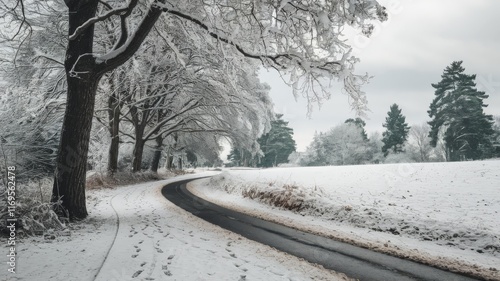 Obraz na płótnie Serene winter landscape with a winding road through snow-covered trees w salonie