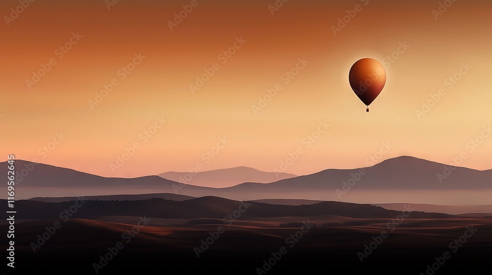 Fototapeta premium A hot air balloon flies in the sky, casting long shadows over a mountain range during sunset as the sun rises over the distant mountains