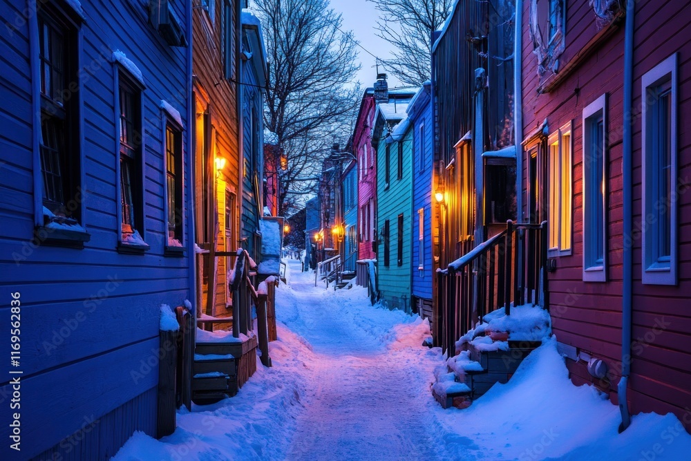 Snowy, colorful houses line a narrow, lamplit street at twilight. Snowy, colorful houses line a narrow, lamplit street at twilight.