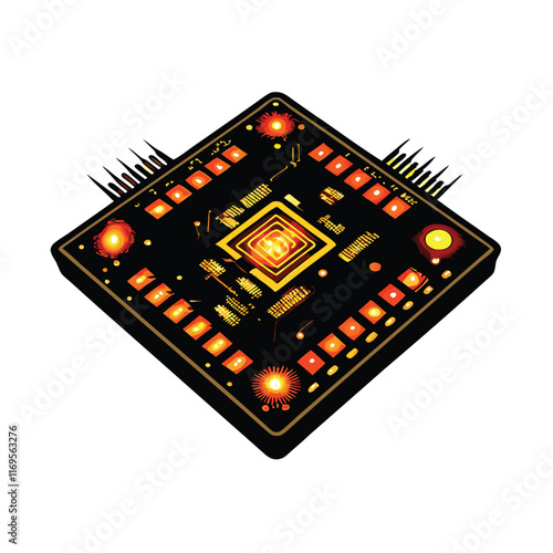 A highly detailed motherboard with glowing lights and a square shape, rendered in a realistic style.