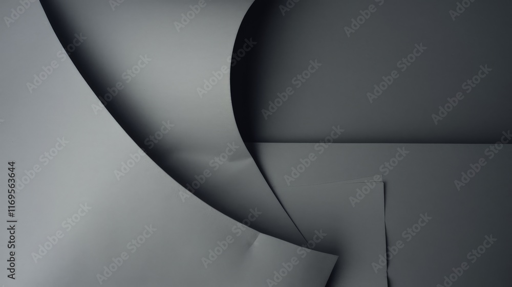 Folded grey paper with abstract curves and shadows
