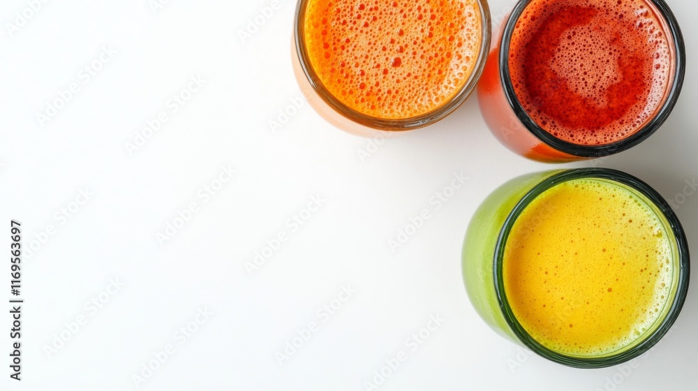 Fresh Fruit Juices in Vibrant Colors on White Background Fresh Fruit Juices in Vibrant Colors on White Background