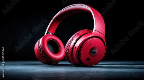 Red wireless over-ear headphones on dark background. photo