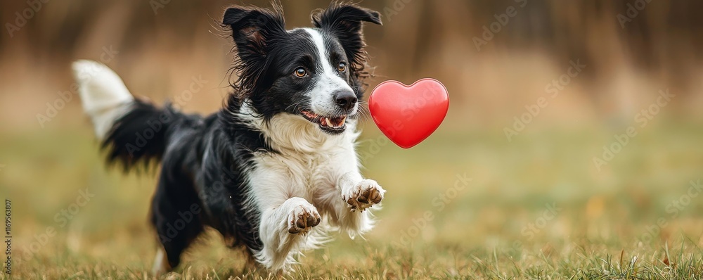 Fototapeta premium Valentine dog and pet with joy idea. Playful dog running with a heart-shaped toy in a grassy field.
