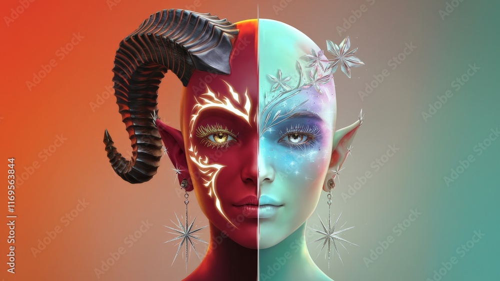 Dual-tone fantasy portrait with fire and ice elements