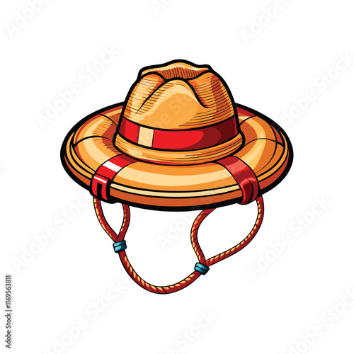 A lifeguard hat with a straw body and a red band.  The hat has a chin strap.