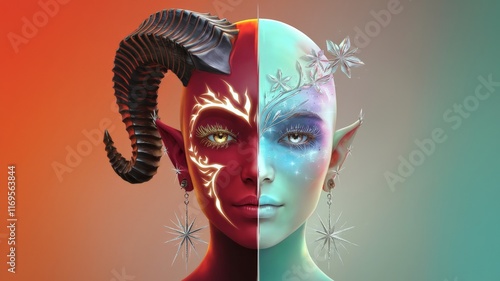 Obraz na płótnie Dual-tone fantasy portrait with fire and ice elements w salonie