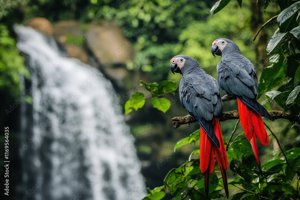 Two scarlet macaws perched on a branch, rainforest waterfall background. Two scarlet macaws perched on a branch, rainforest waterfall background.