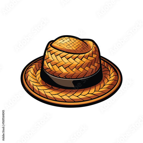 A realistic Panama hat with a woven straw texture, a black band, and a slight dent in the crown.