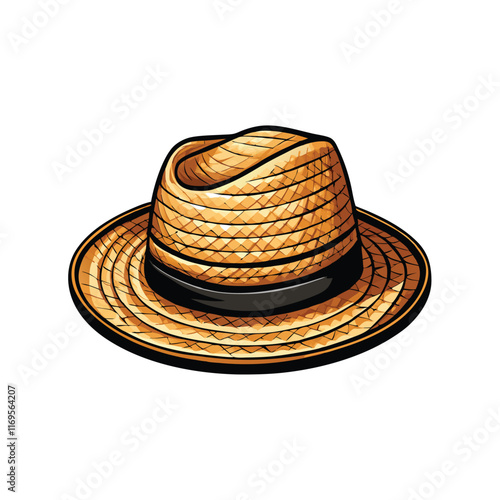Generate an image of a realistic Panama hat with a woven straw texture. The hat should have a black band and a slightly indented crown.