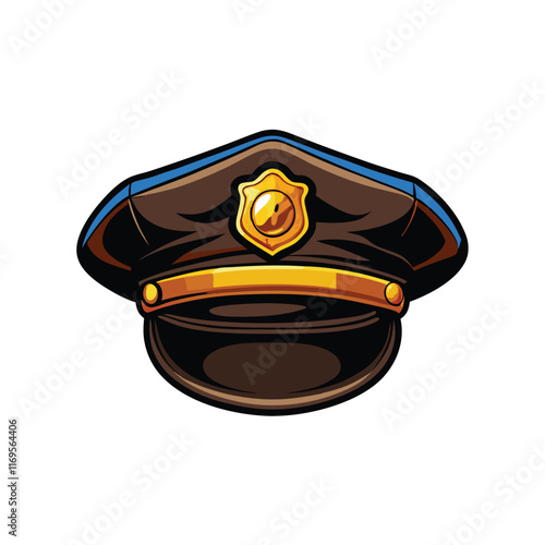 A realistic illustration of a police officer's peaked cap with a gold badge on the front.
