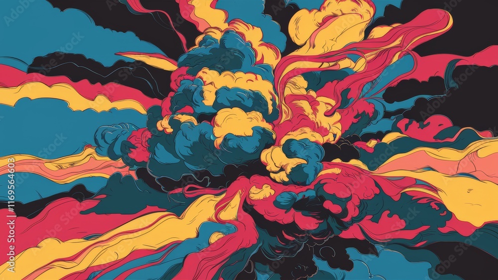 Abstract chaotic explosion of colorful swirling clouds