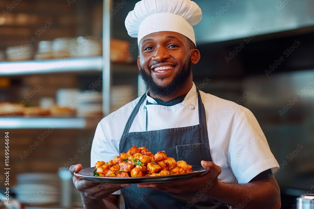 Chef presents a delicious platter of golden fried bites with a joyful smile in a bustling kitchen Chef presents a delicious platter of golden fried bites with a joyful smile in a bustling kitchen