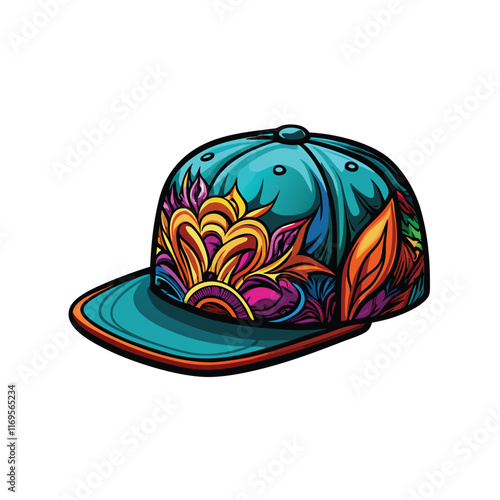 A vector illustration of a realistic snapback hat with a colorful graffiti-style design on the crown.