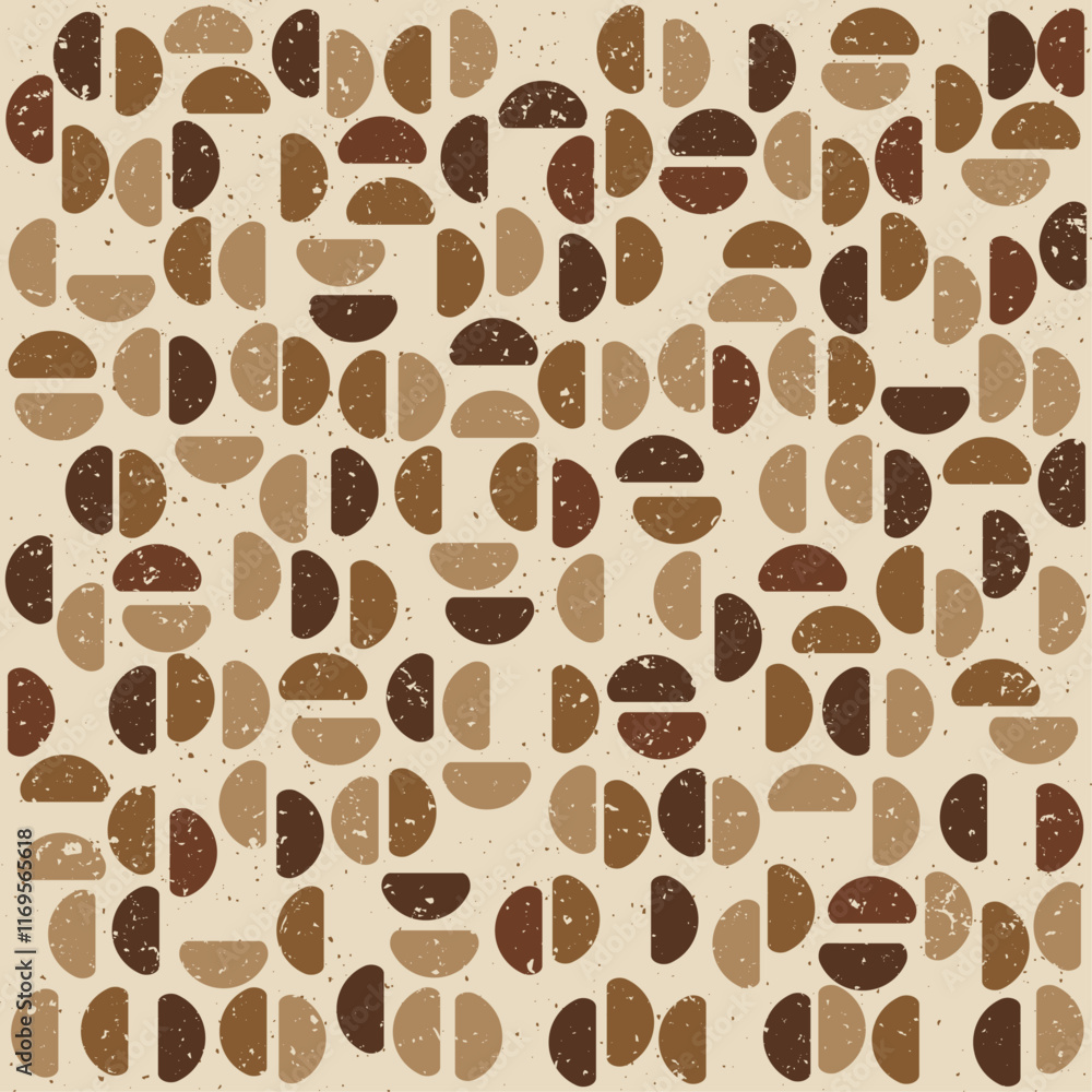 Obraz premium Brown repeating pattern of coffee beans. Worn version with scratches and roughness. Vector simple shapes rounded coffee patterns.
