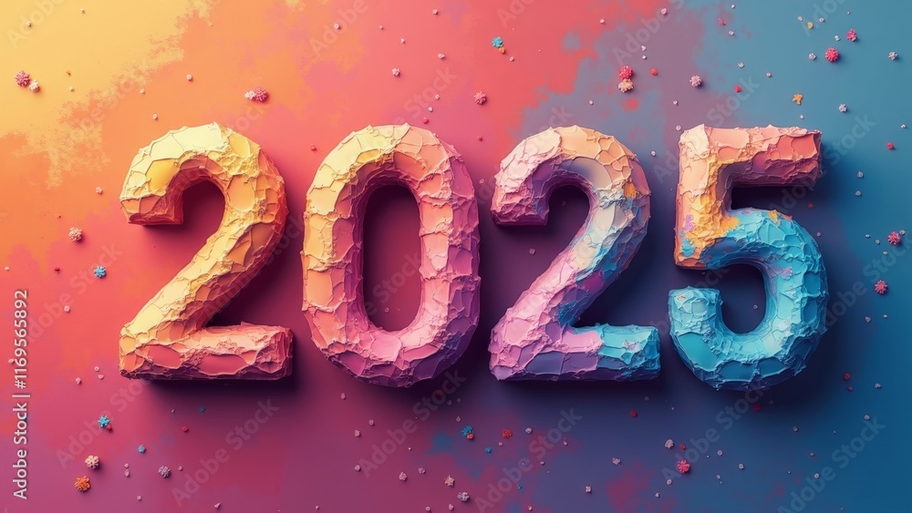 Colorful 3D number '2025' in a vibrant artistic design