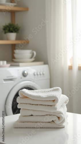 Obraz na płótnie Stack of freshly folded white towels in a bright laundry room w salonie
