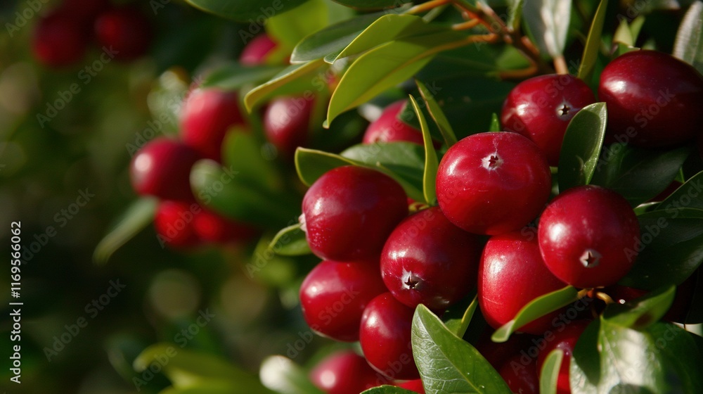 Close-up of red berries on a leafy green tree, with lush green foliage on the branches Close-up of red berries on a leafy green tree, with lush green foliage on the branches
