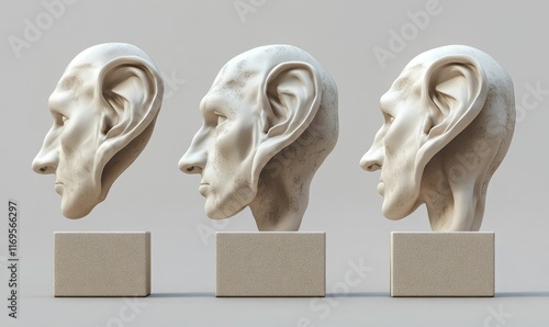 Three textured busts, profile views, displayed on bases. photo