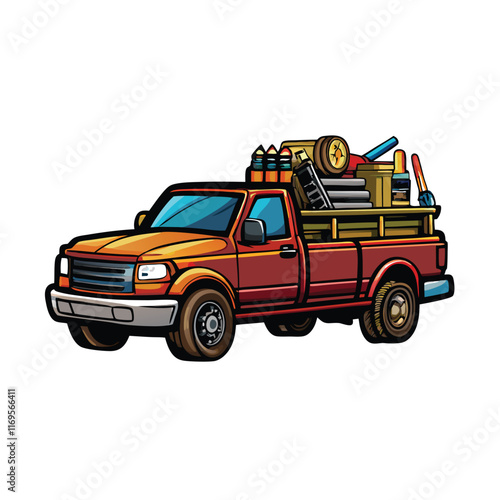 Create a realistic vector illustration of a pickup truck loaded with construction tools and materials.