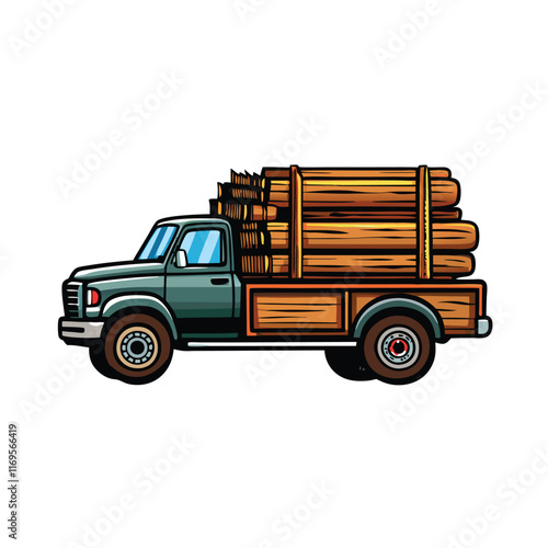 Create a realistic vector illustration of a pickup truck transporting logs.
