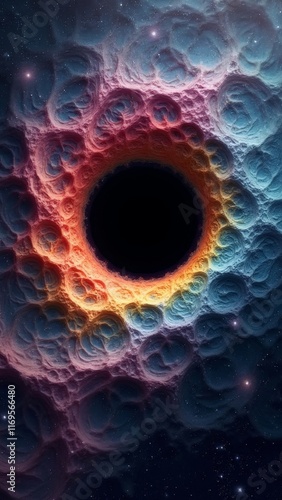 Vivid colorful cratered surface with black hole at center