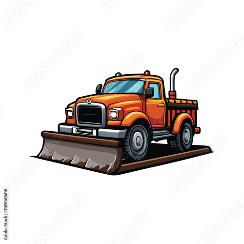 A detailed vector illustration of a pickup truck with a snowplow attached to the front. The truck is orange, and the snowplow is gray.