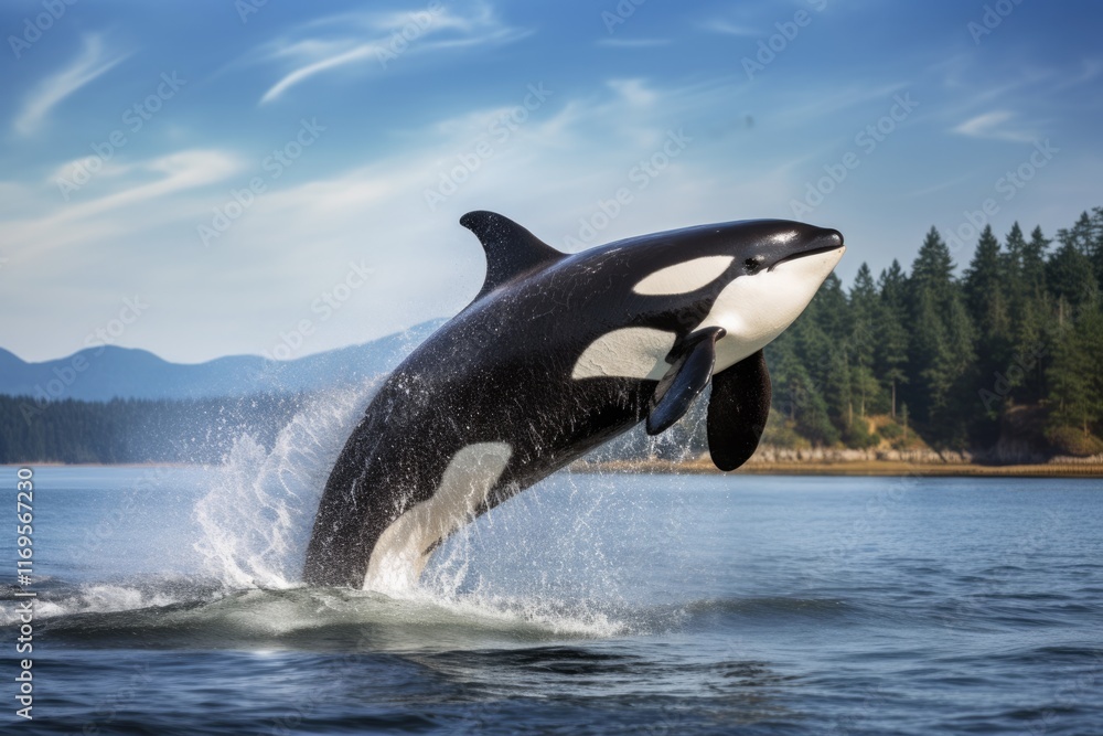 Fototapeta premium Orca Whale Leaping out of the Sea in Vancouver Island's Coastal Waters, Canada