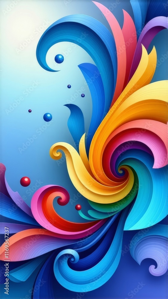 Colorful abstract flourish swirls on blue background with 3D paper texture