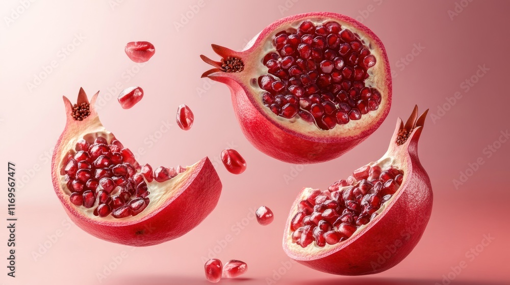 Three levitating pomegranate halves with seeds on a pink background. Three levitating pomegranate halves with seeds on a pink background.