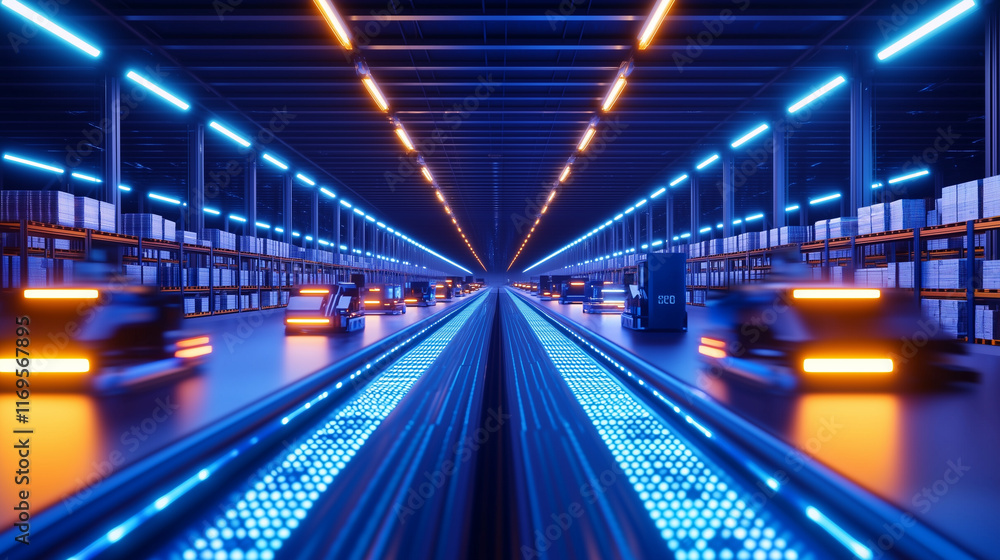 Fototapeta premium Modern Warehouse Interior with Robotics and LED Lighting