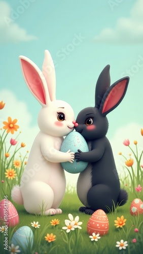 Two cute cartoon bunnies holding a decorated Easter egg in a flower meadow