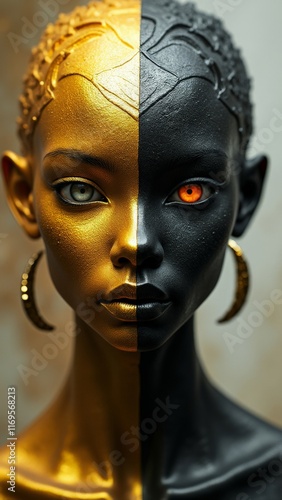 Futuristic woman with metallic black and gold face, asymmetrical design, glowing eye, and earrings