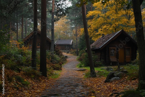 Autumnal forest path leads to cozy wooden cabins. photo