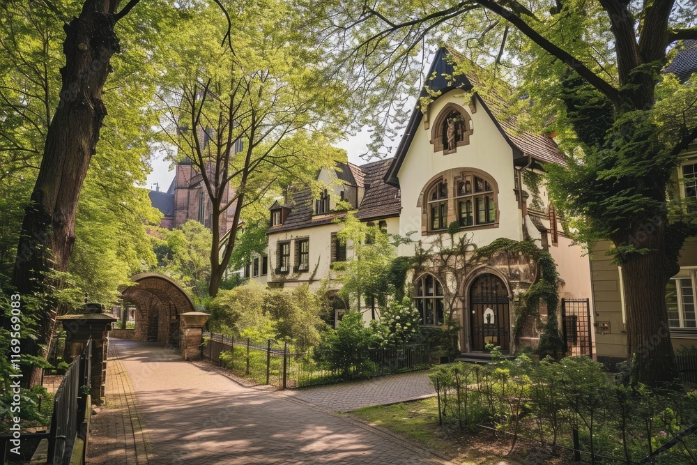 Postcard Perfect: Cologne, Germany - Charming View of Houses, Park, and Bell Tower Postcard Perfect: Cologne, Germany - Charming View of Houses, Park, and Bell Tower