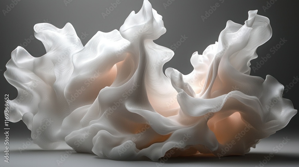 White abstract flowing fabric sculpture on gray studio background with inner glow White abstract flowing fabric sculpture on gray studio background with inner glow