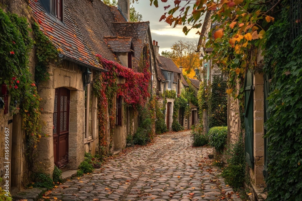 Charming cobblestone street lined with autumnal foliage-covered houses. Charming cobblestone street lined with autumnal foliage-covered houses.