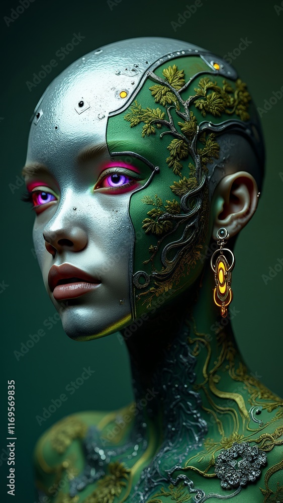 Futuristic female android with floral bio-mechanical face design