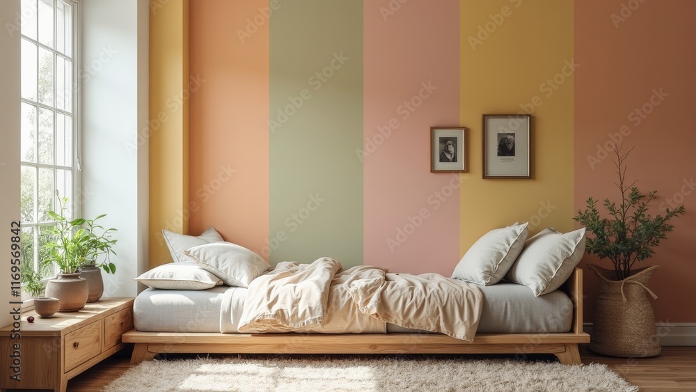 Cozy bedroom with colorful striped walls and natural morning light