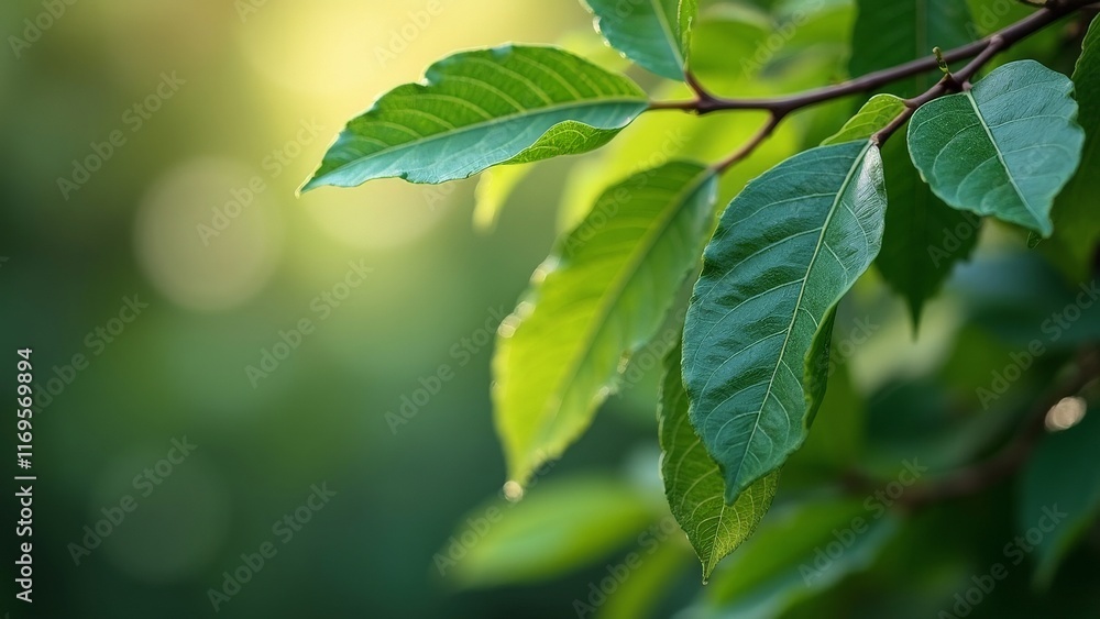 Close-up of fresh green leaves on a branch with morning sunlight and soft bokeh background