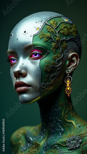 Obraz na płótnie Futuristic female android with floral bio-mechanical face design w salonie