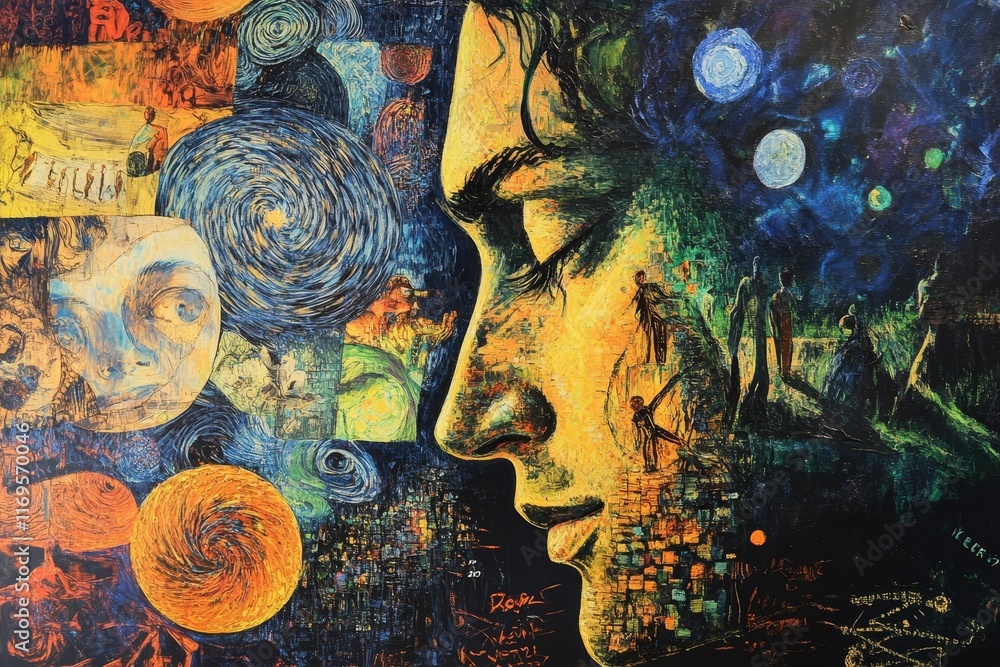 Fototapeta premium Abstract painting; face, swirling patterns, figures.