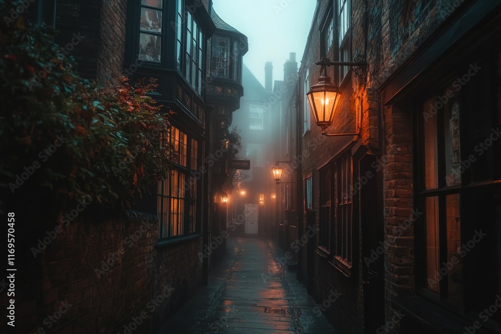 Misty cobblestone alleyway with antique buildings and warm lamplight at night. Misty cobblestone alleyway with antique buildings and warm lamplight at night.