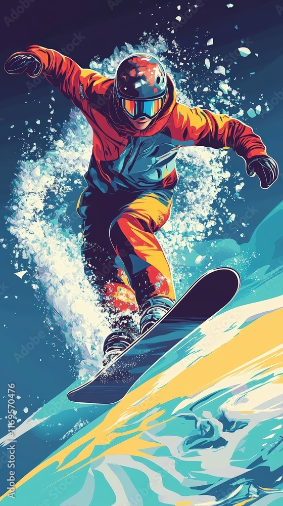 A striking pop art illustration of a snowboarder mid-action carving through icy terrain with explosive energy A striking pop art illustration of a snowboarder mid-action carving through icy terrain with explosive energy
