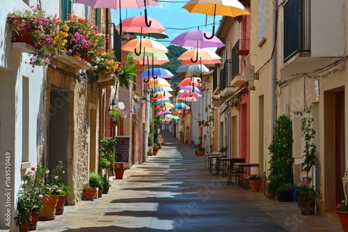 Colorful umbrellas hang above a charming, narrow street lined with shops and plants, creating a vibrant and cheerful atmosphere.