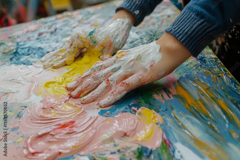 Paint-covered hands blend colorful palette. Paint-covered hands blend colorful palette.