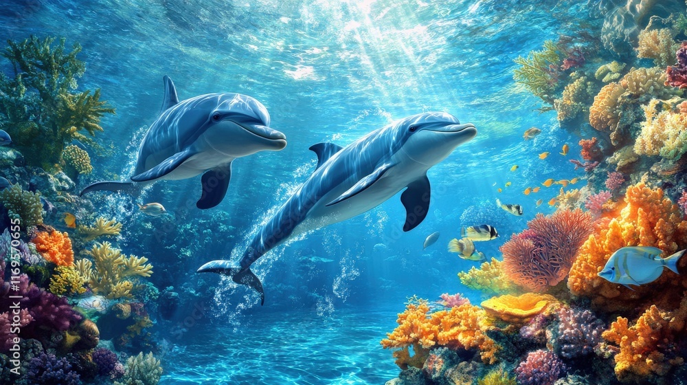 Fototapeta premium Dolphins Swimming Through Vibrant Coral Reefs