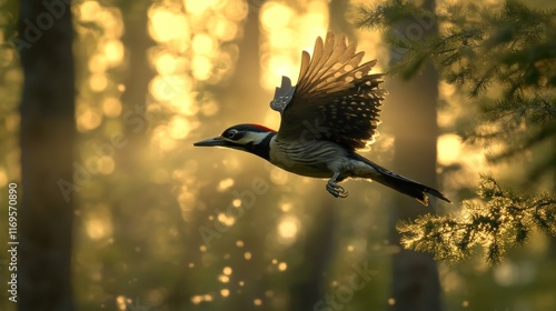 A woodpecker in flight at sunset, wings spread, in a sunlit forest. photo