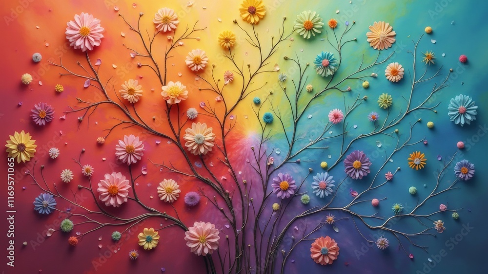 Colorful floral branches over a rainbow gradient background