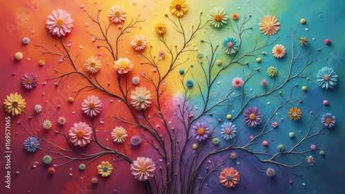Obraz na płótnie Colorful floral branches over a rainbow gradient background w salonie
